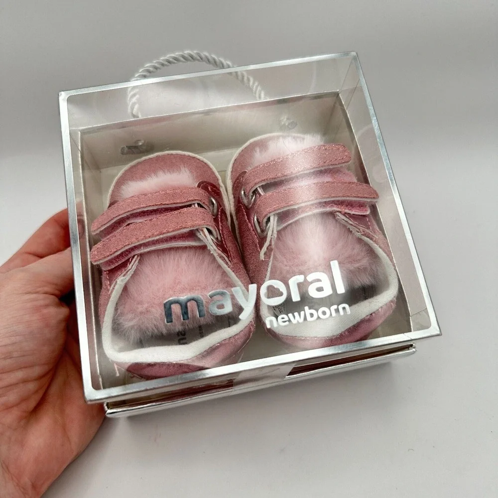 NEW Mayoral Pink Soft Furry Baby Girl Shoes Crib Sneakers Preppy Luxury Girly‎